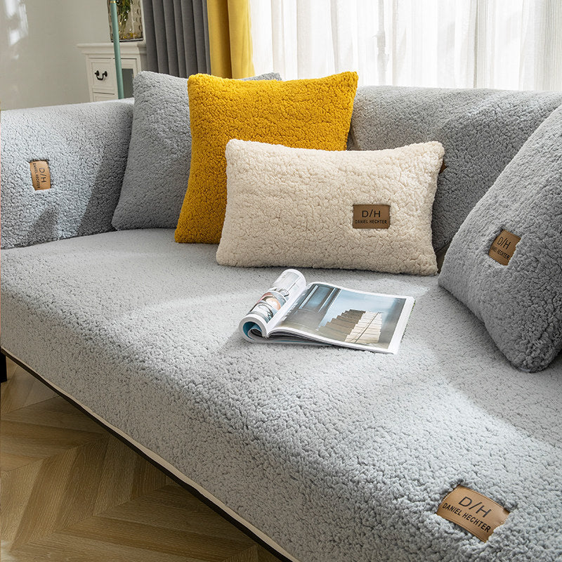 Modern Solid Color Winter Lamb Wool Sofa Cover